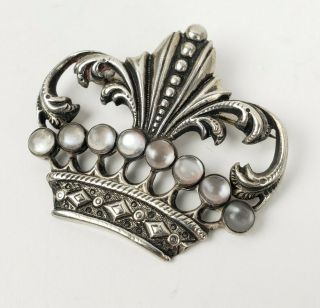 Unique Vintage Sterling Silver & Faux Moonstone Crown Brooch Pin