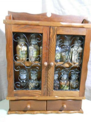 Vintage Wooden Spice Rack W/ 12 Jars Gail Craft Cabinet Style