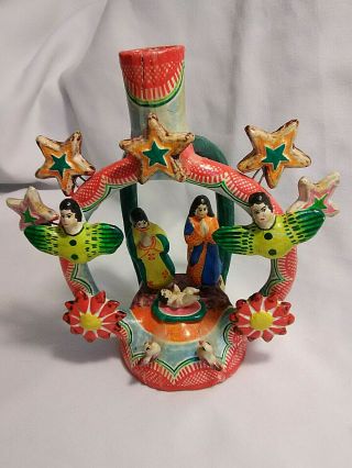 Colorful Vintage Mexican Clay Tree Of Life Folk Art Nativity Candle Stick Holder