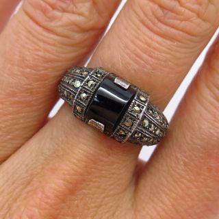 Antique Art Deco 925 Sterling Silver Black Onyx & Marcasite Gemstone Ring Size 7