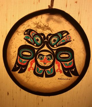 Inuit Eskimo North West Coast Art Hand Painted Mini Hand Drum Haida Eagle Signed