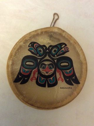 Inuit Eskimo North West Coast Art Hand Painted Mini Hand Drum Haida Eagle Signed 3