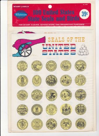 Late 1950s Whitman 100 U.  S.  State Seals And Birds Stickers In Package