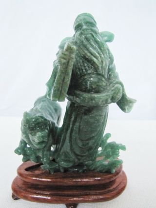 Vintage Chinese Carved Green Jade Lucky God With Foo Dragon Figurine On Stand