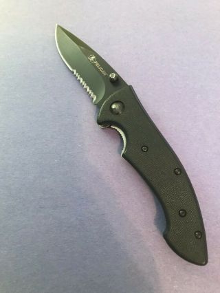 Pelican Linerlock Pocket Knife All Black Combo Edge Blade Finger Grip W/ Clip