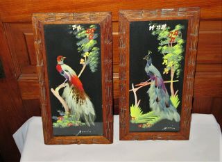 2 Vintage Mexican Feathercraft Bird Feather Pictures Carved Wood Frame Wall Art