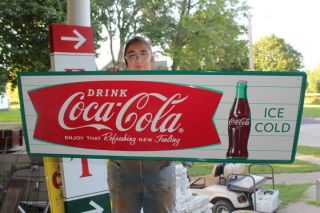 Large Coca Cola Fishtail Soda Pop Gas Station 54 " Reissue Embossed Metal Sign