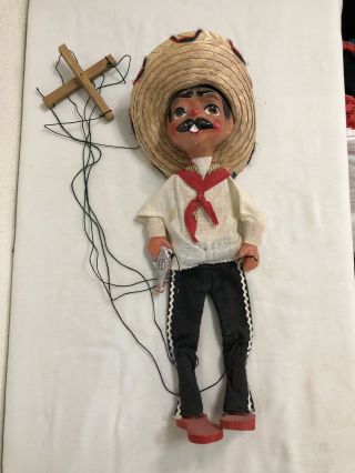 Vintage Marionette Mexican String Puppet Man With Sombrero And Pistola