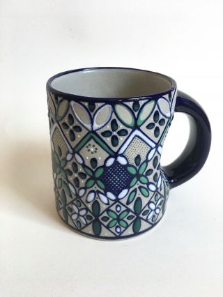 Javier Servin Mexico Hand Made,  Painted Ceramic Pottery Mug Cup Blue Glazed 4”t