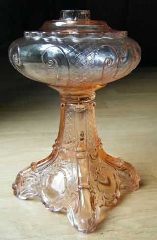 Antique Vintage Depression Pink Glass Kerosene Oil Lamp Base Princess Feather