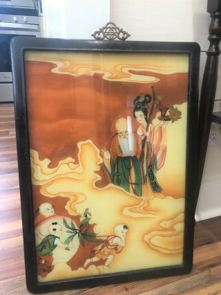 Vintage Chinese Reverse Painting On Glass In Lacquered Frame 22x17