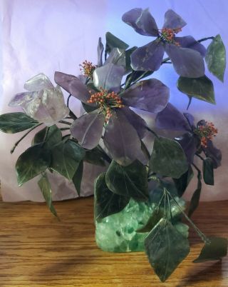Chinese Lavender & Green Hard Stone (jade?) Tree Carved Leaves Heavy Green Base