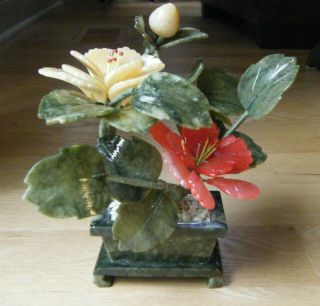 Vintage Chinese Carved Jade Hardstone Semi Precious Bonsai Flower Tree 7”