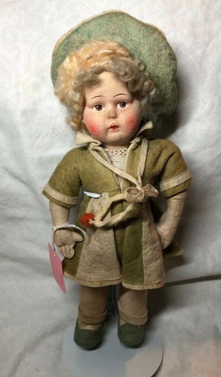 12” Antique Vintage Cloth Doll Hand Painted Face Adorable Dress Sx