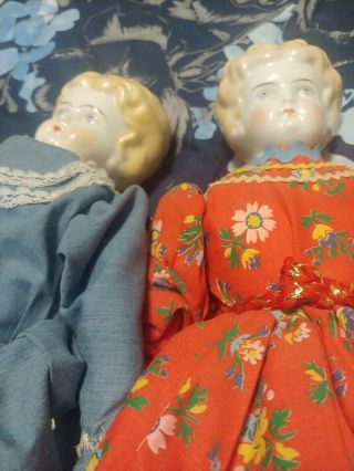 2 Antique China Dolls.  Blonde,  Blue Eyes.  18 " Tall.  One Has China Shoes