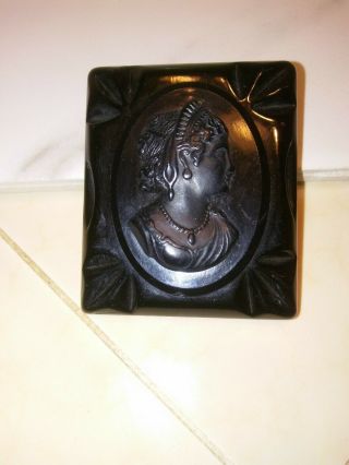 Antique Vtg Black Bakelite Deep Carved Cameo Goddess Mourning Brooch Pin