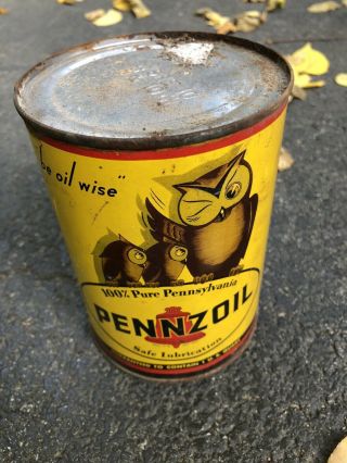 Vintage 3 Owl Pennzoil 1 Quart Motor Oil Can Very Rare Full