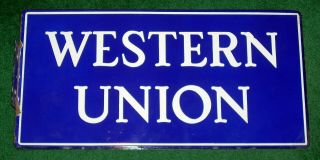 Vintage “western Union” Double Faced 24 " X 12 " Porcelain Sign.