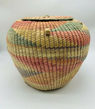 Vintage Native American Woven Basket W/ Lid Large