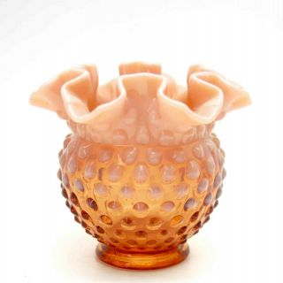 Vintage Signed Fenton Amber Hobnail Opalescent Vase Ruffled Rim