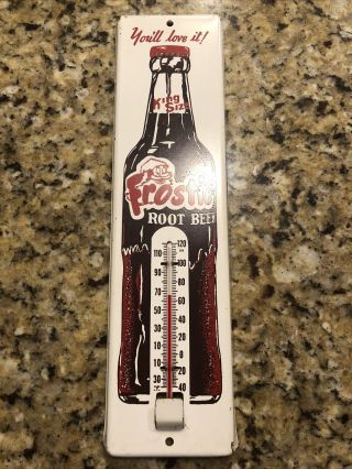 Vintage Frostie Root Beer Thermometer Sign Old Tin Soda Beverages