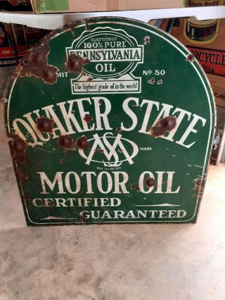 Vintage 1930s Quaker State Tombstone Double Sided Porcelain Sign