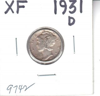 Vintage Xf 1931 D Mercury Silver Dime - Old Us Coin