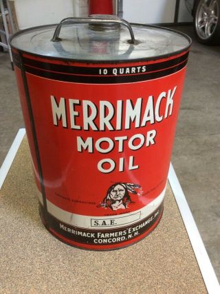 Vintage Merrimack 10 Qt Motor Oil Can Indian Graphic