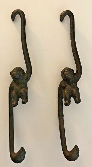 Vtg 8” Heavy Cast Iron Monkey Hooks Set Of 2 Plant Pot Camp Hangers Japan