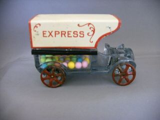 Antique Blue Glass & Tin Toy Express Delivery Truck Candy Container Circa 1920
