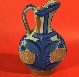Vintage Mexican Pottery Pitcher Vase Hand Crafted & Painted Cobalt Blue Orange