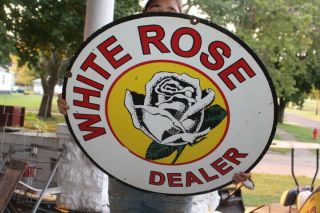 Large White Rose Dealer Gasoline Oil Gas Station 2 Side 30 " Porcelain Metal Sign