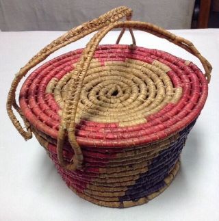 Early California Coiled Basket With Lid/handles