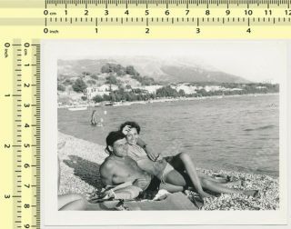 Couple On Beach,  Handsome Shirtless Man Smoking Cigarette Smoke Woman Old Photo