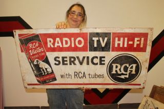 Large Rca Victor Tubes Radio Tv Hi - Fi Stereo Service Gas Oil 38 " Metal Sign