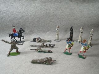 12 Vintage Metal Toy Soldiers And Civilians,  Some Solid,  Some Hollowcast