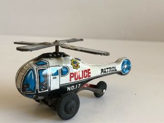 Vintage Japan Police Patrol Helicopter Tin Toy Friction Pedals - Blades Spin