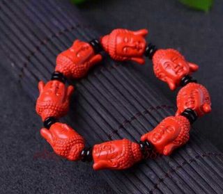 Hand Carved Scarce Natural Red Cinnabar Buddha Head Fashion Lucky Bracelet A625