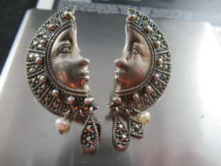 Vintage Half Moon Face Sterling Silver 925 Earring With Marcasites & Pearl Drop