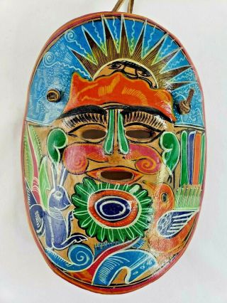 Vtg Mexican Mask Clay Pottery Hand Painted Sun Colorful Folk Art Wall Hanging