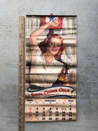 Rare 1944 Royal Crown Cola Advertising Calendar Pretty Girl Ww2 Era Hard To Fund