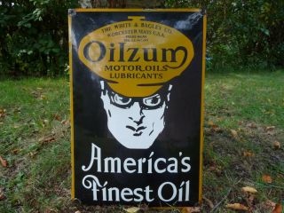 Oilzum Porcelain Sign Advertising 24 " Domed Old Gas Oil Vintage Gasoline Usa