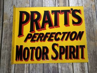 Vintage Pratts Perfection Motor Spirit Porcelain Metal Flanged Double Sided Sign