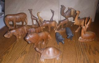 15 Vintage Hand Carved African Safari Animals Wooden Figures Made In Kenya