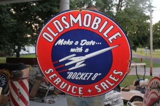 Large Oldsmobile Rocket Sales Service Gas Oil 30 " Porcelain Metal Sign