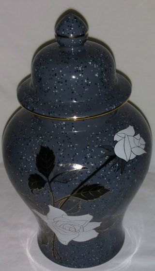 Vintage Porcelain Urn/ginger Jar Black & Gold With White Rose Speckled Japan