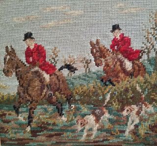Antique Vintage Petite Point Needlepoint Handcrafted Fox Hunt Hounds 12 " X 11 "