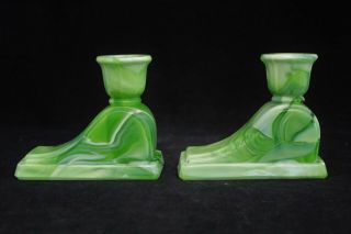 Antique/vintage Art Deco Green Slag Glass Candle Holders