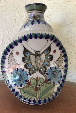 Ken Edwards 6 " Bud Vase 2 Sided Bird & Butterfly Tonala Mexico Art Pottery