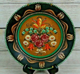 Vintage Hand Painted Floral Wooden Decorative Wall Plate Flower Bouquet Wood Art